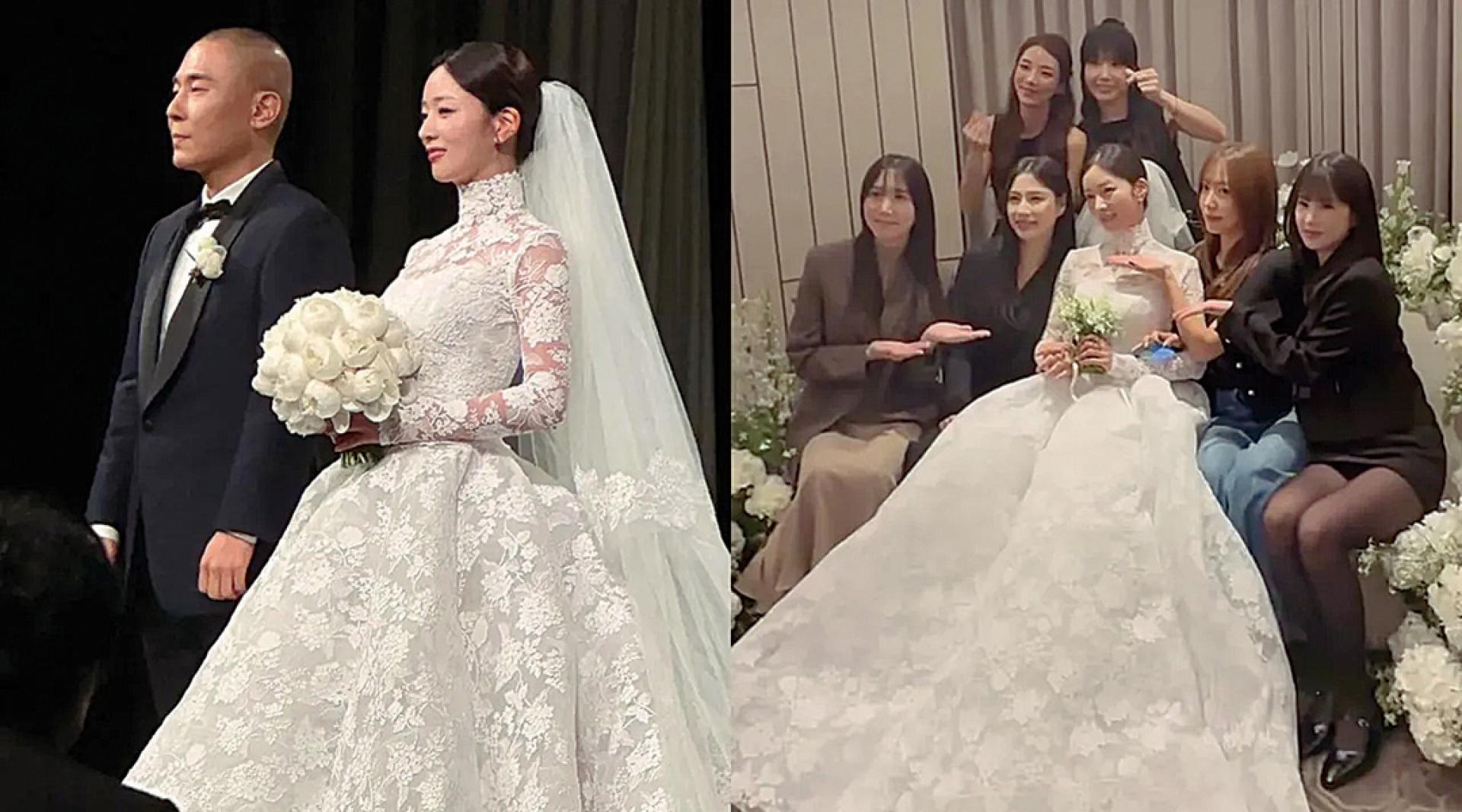 尹普美16日嫁给Rado，Apink全体到期，退团13年的洪瑜暻（右图前排左）也现身祝福。