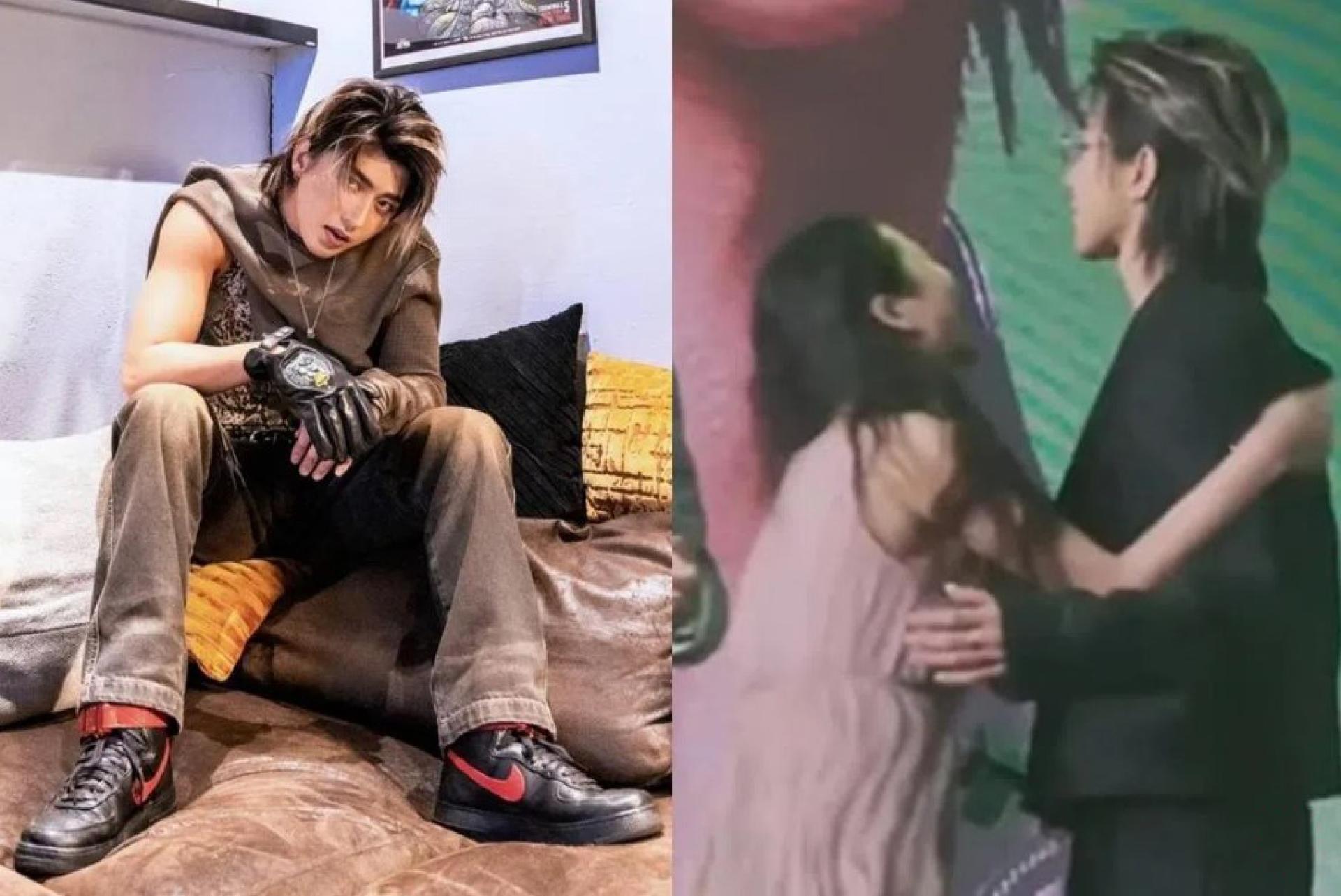 蔡徐坤（左图）出席品牌代言活动期间，一名女子（右图左）突破防线，强行冲上舞台抱住他，大喊“我好想你”。