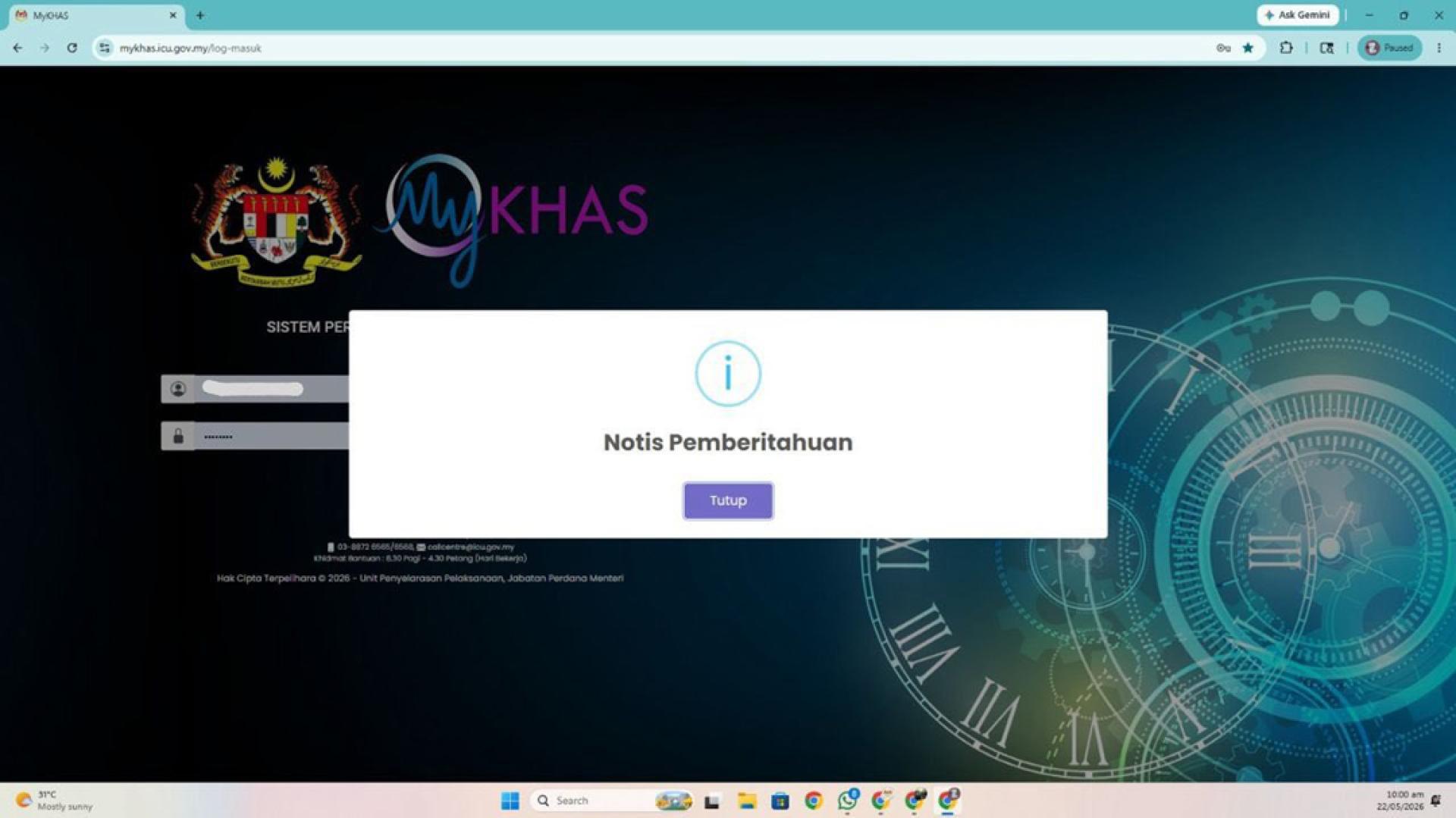 黄基全揭露，其选区的账户无法登录MyKhas网站。