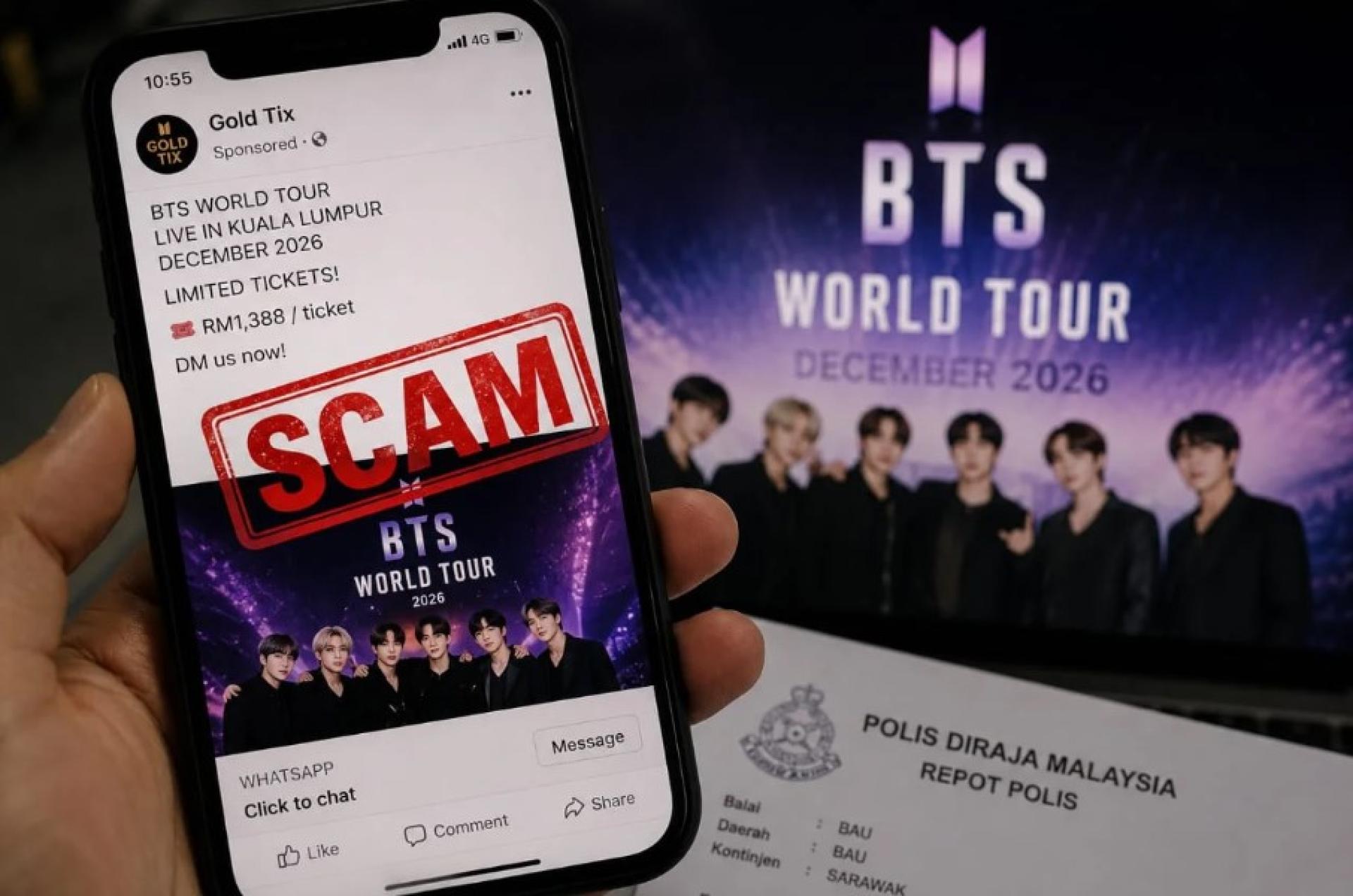 一名BTS粉丝原本期待观赏偶像世界巡回演唱会，却因购买假门票被骗走1388令吉，梦想瞬间破灭。（AI生成示意图）
