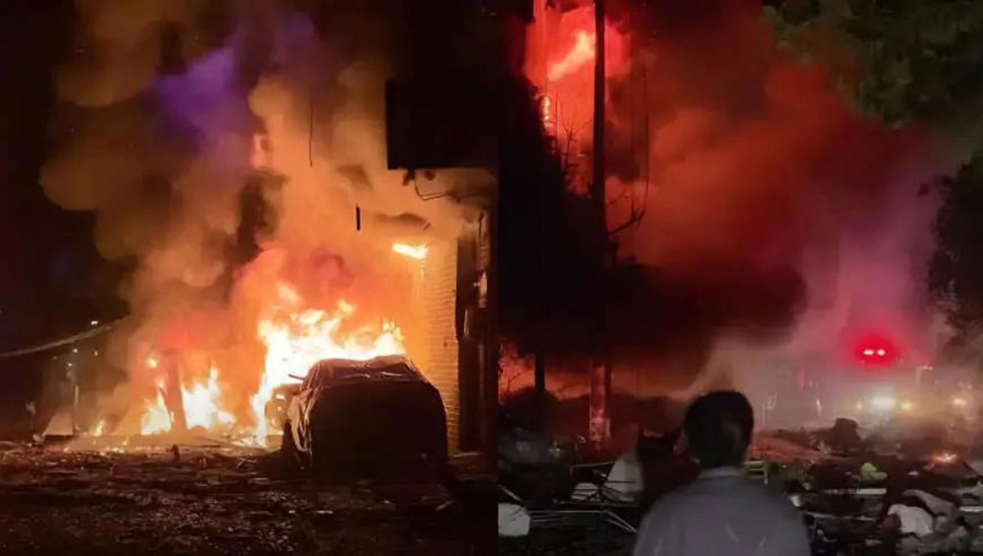 事发地点当时传出两声爆炸巨响，且在黑夜中出现冲天火光，家中玻璃更被震碎。