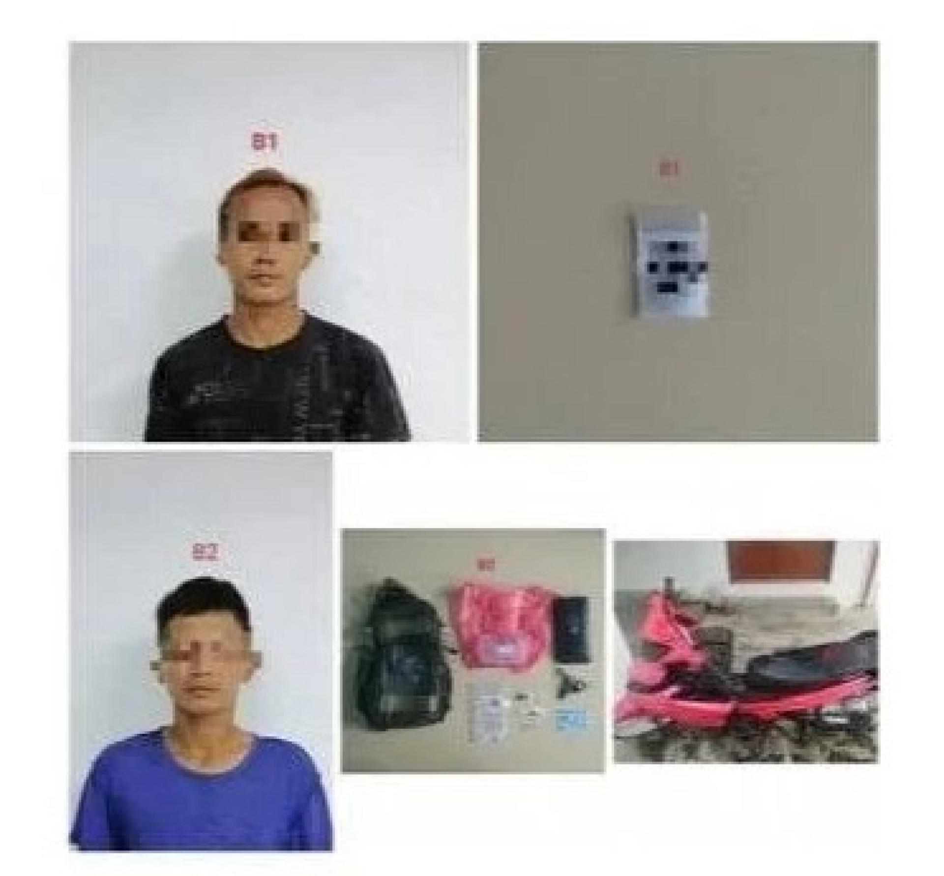 警方展示两名嫌犯的照片及起获的证物。
