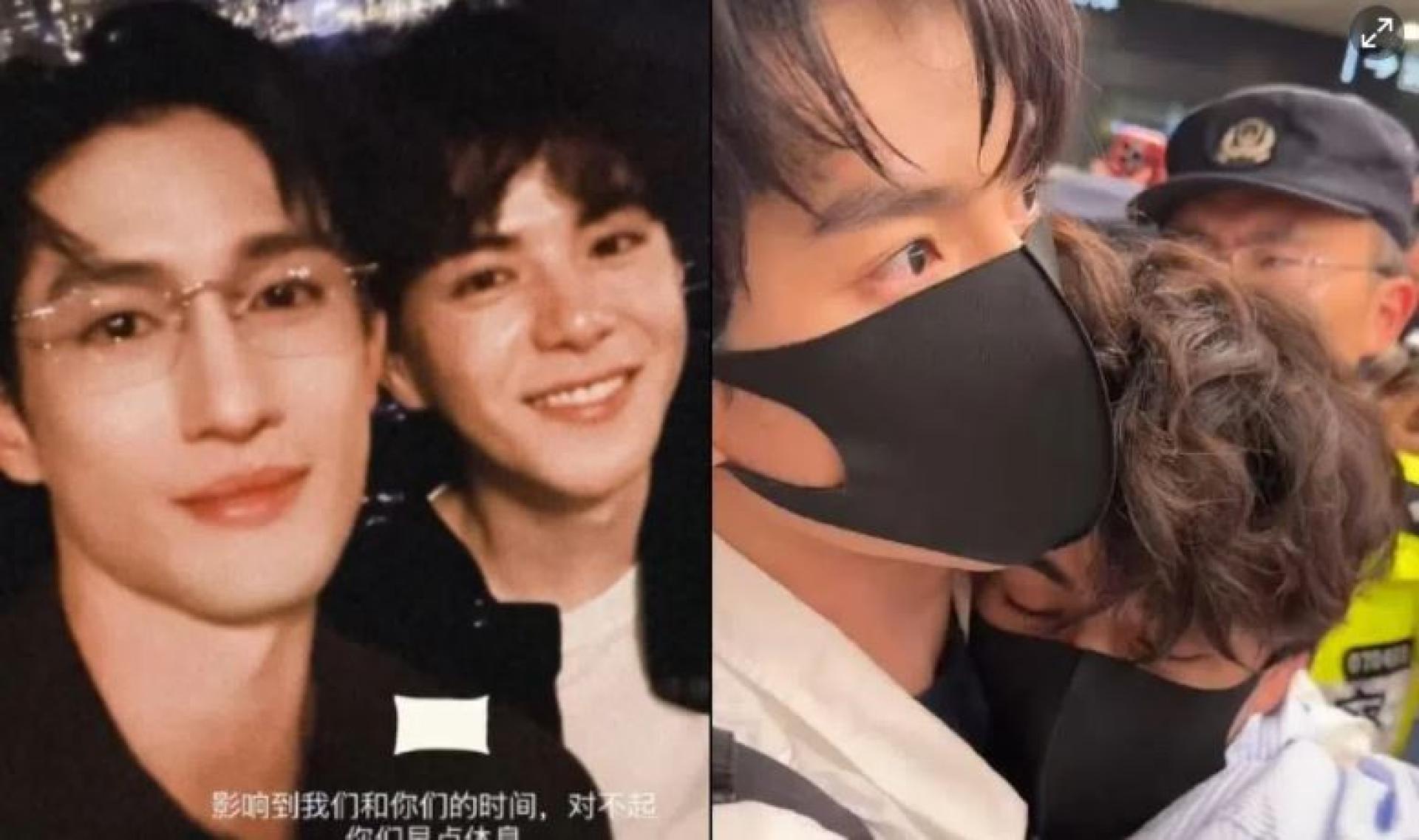 孙政（两图左）和吕思瞳（两图右）因为拍摄《双程》而人气攀升，近日在上海机场被粉丝围堵（右图）寸步难行。 （取自孙政IG、微博视频截图）