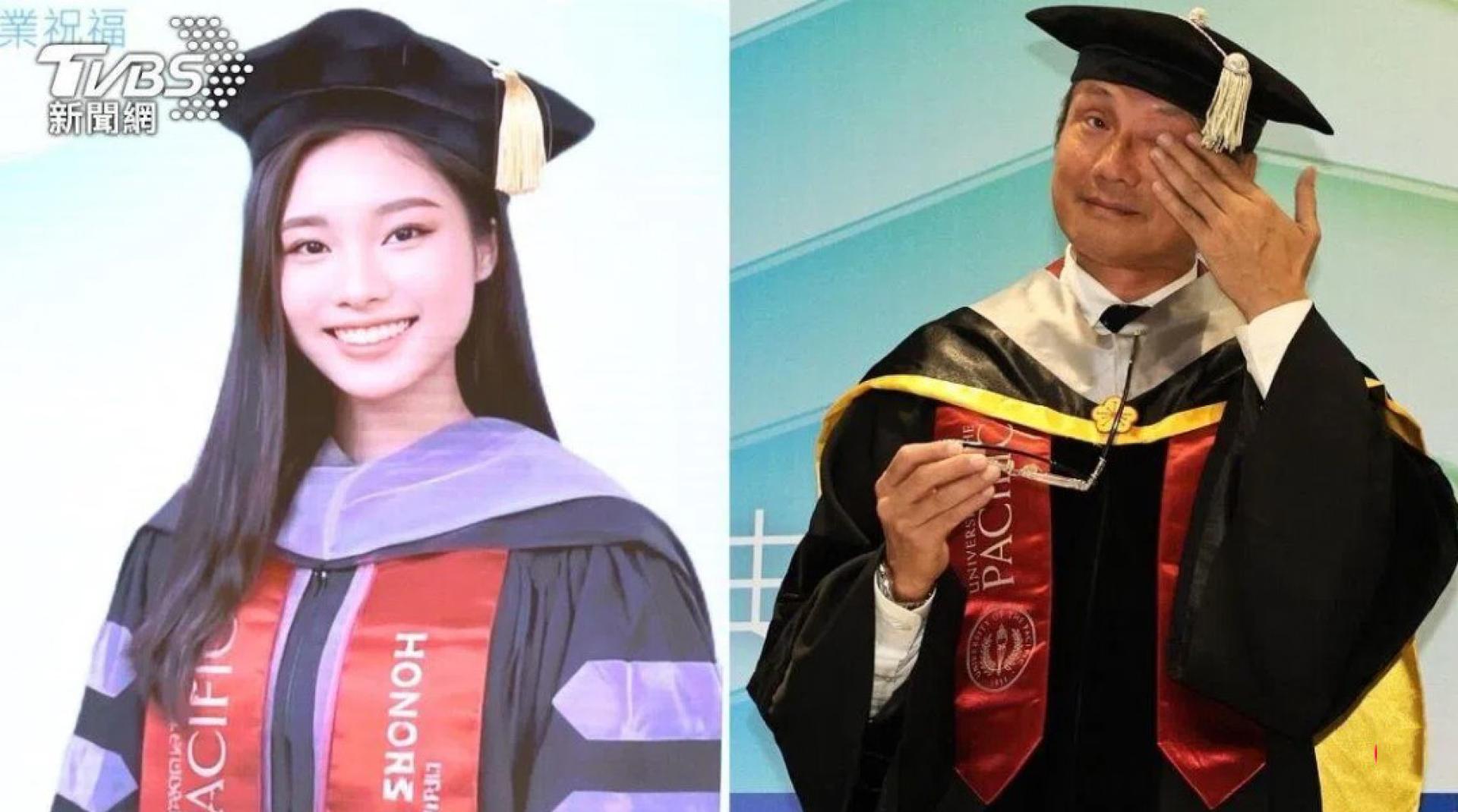 包小柏（右图）于台北科技大学毕业典礼致感言，已逝女儿包容以AI影像现身。