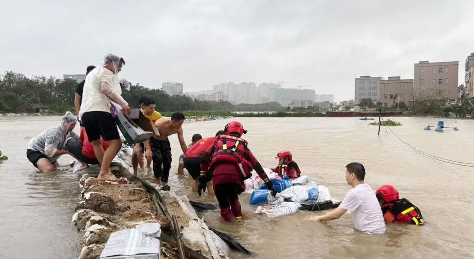 粤东多地这几天遭遇暴雨，图为消防救援人员在揭阳市惠来县联合当地民众全力开展沙袋筑堤、加固堤坝抢险作业。