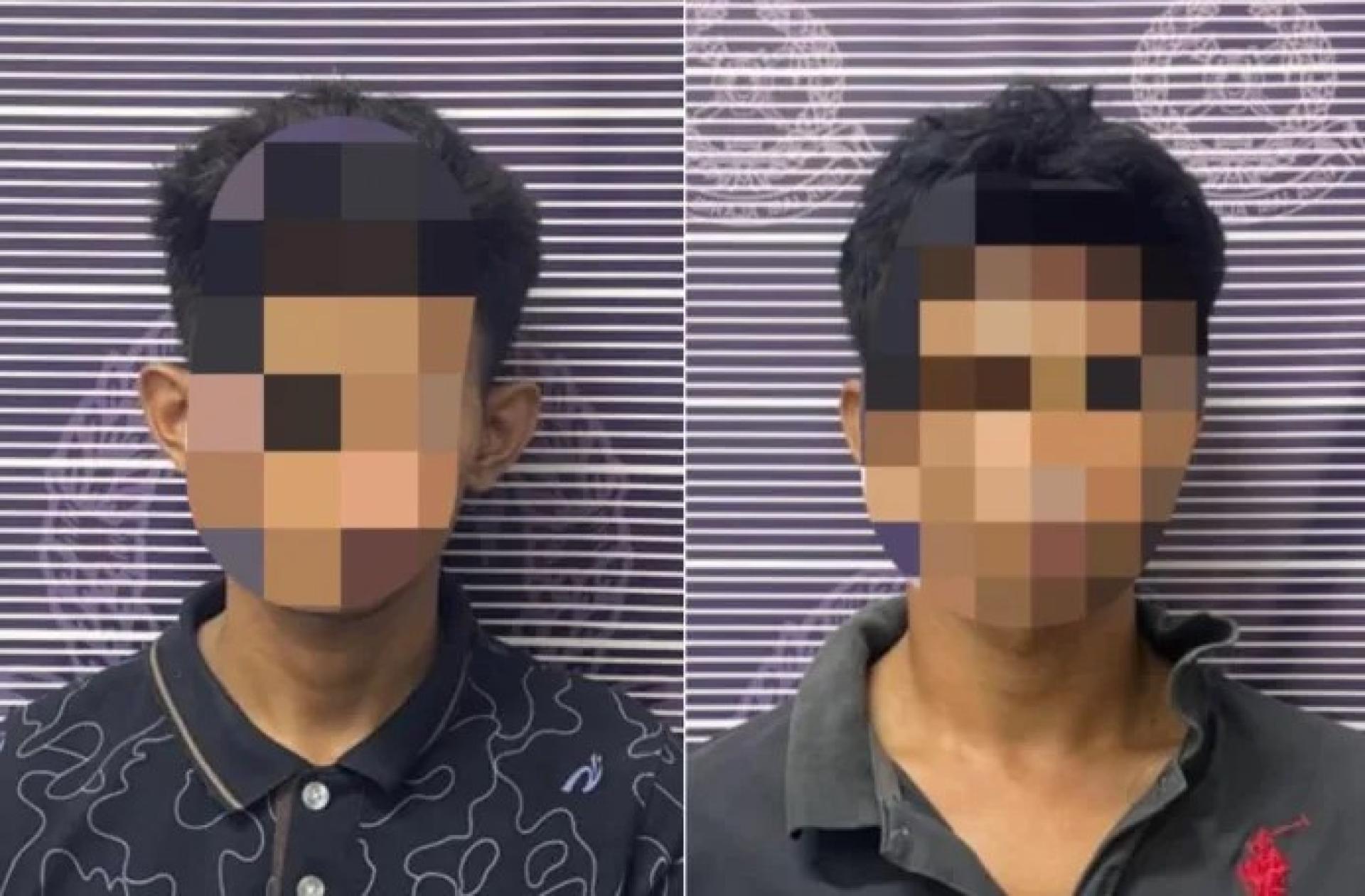 两名年龄分别为24岁及27岁的嫌犯（脸部已模糊处理）因涉嫌参与古晋实旦宾BDC花园实都东路结伙抢劫案而被警方逮捕。照片：马来西亚皇家警察。