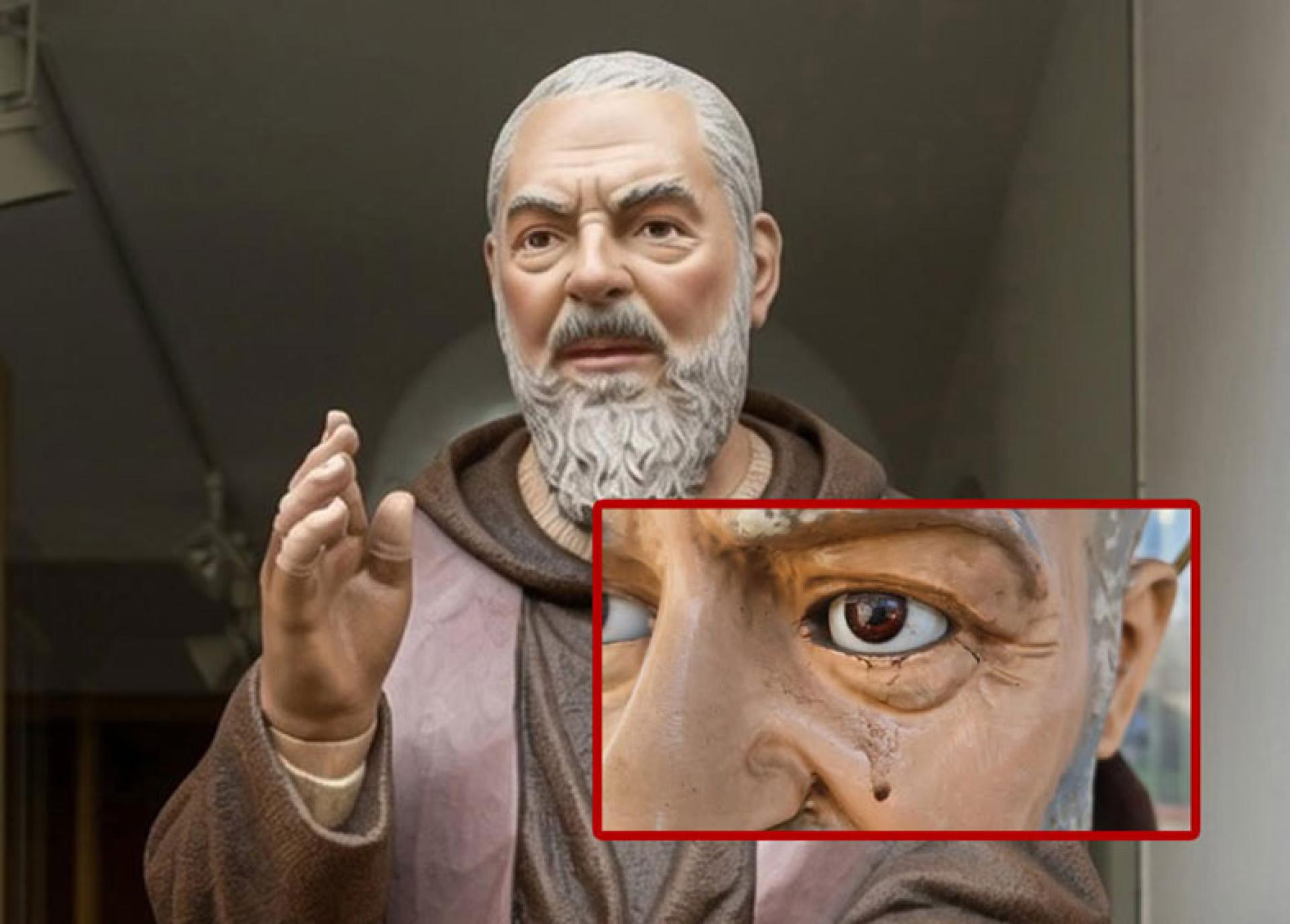 意大利卡萨尔巴的圣玛利亚感恩教堂内，一尊圣比约神父雕像（Padre Pio）被发现眼角出现类似“血泪”的红色液体痕迹。（网络图片）