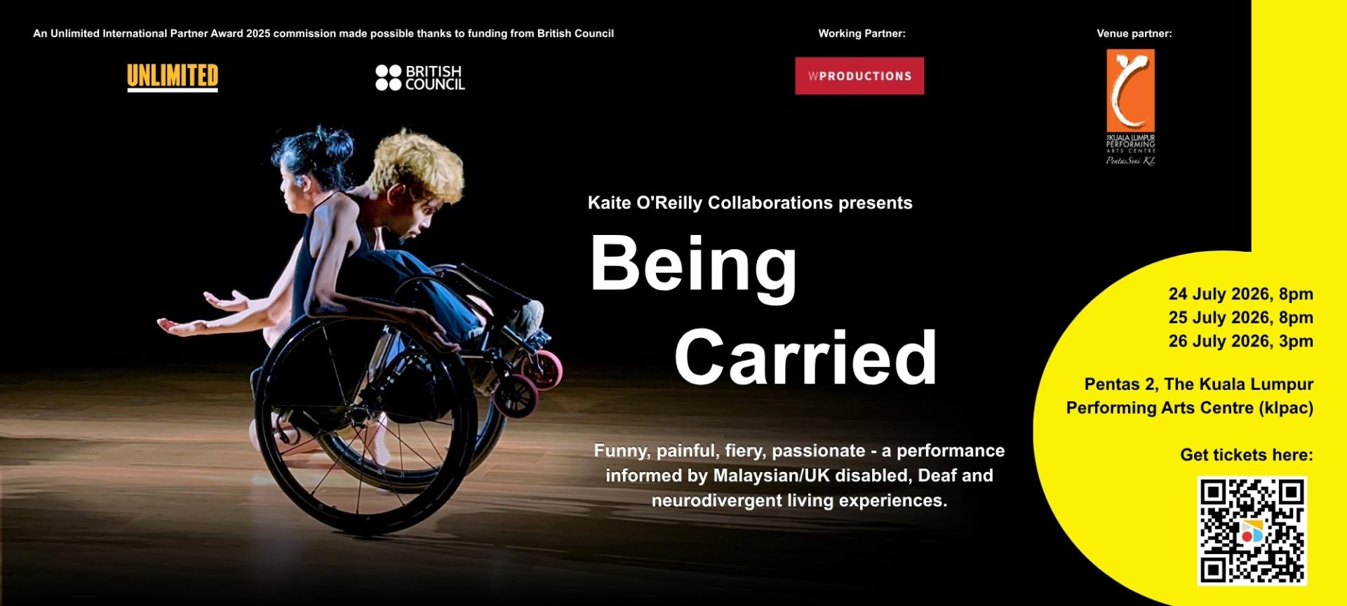 由英国知名剧作家兼导演Kaite O’Reilly领军创作的全新剧场作品《Being Carried》，将于7月24日至26日在吉隆坡表演艺术中心（klpac）Pentas 2上演。