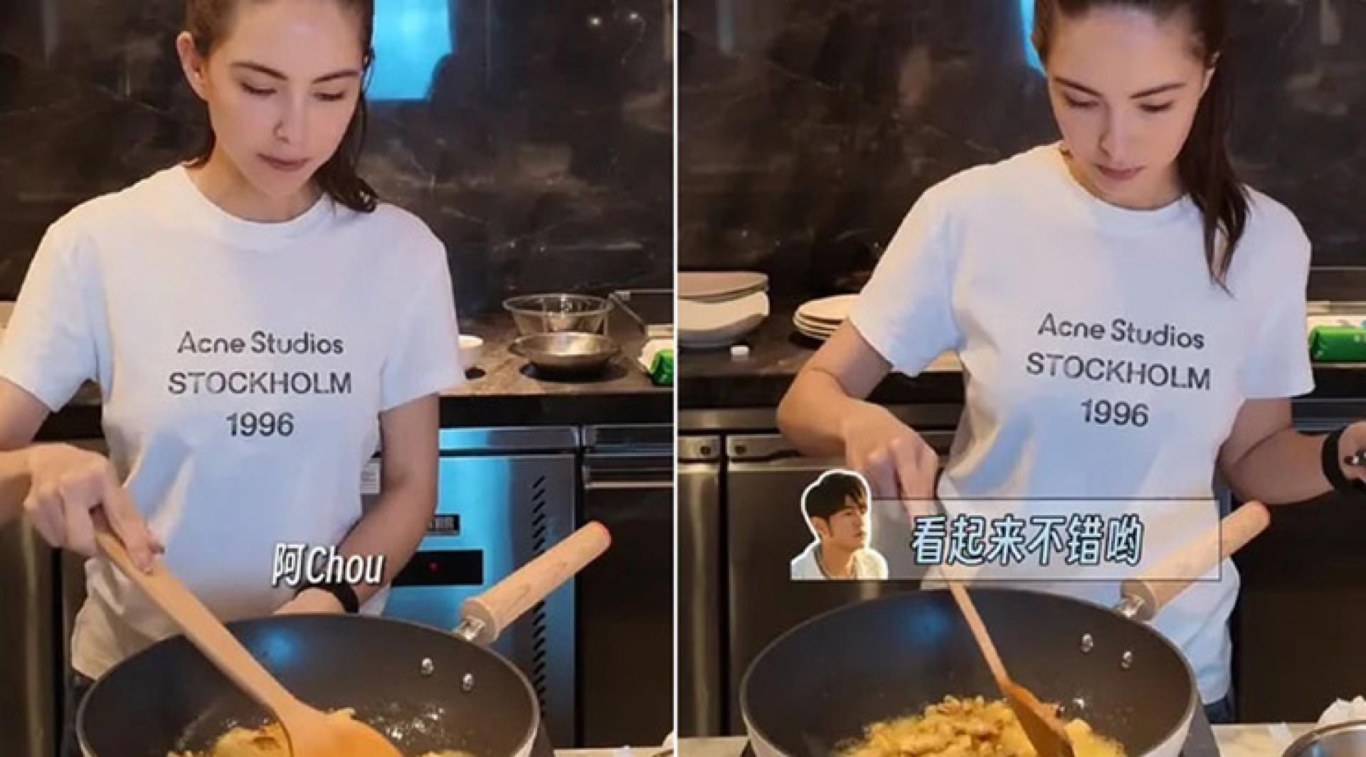 昆凌下厨做奶油鸡，叫老公周杰伦试味道。