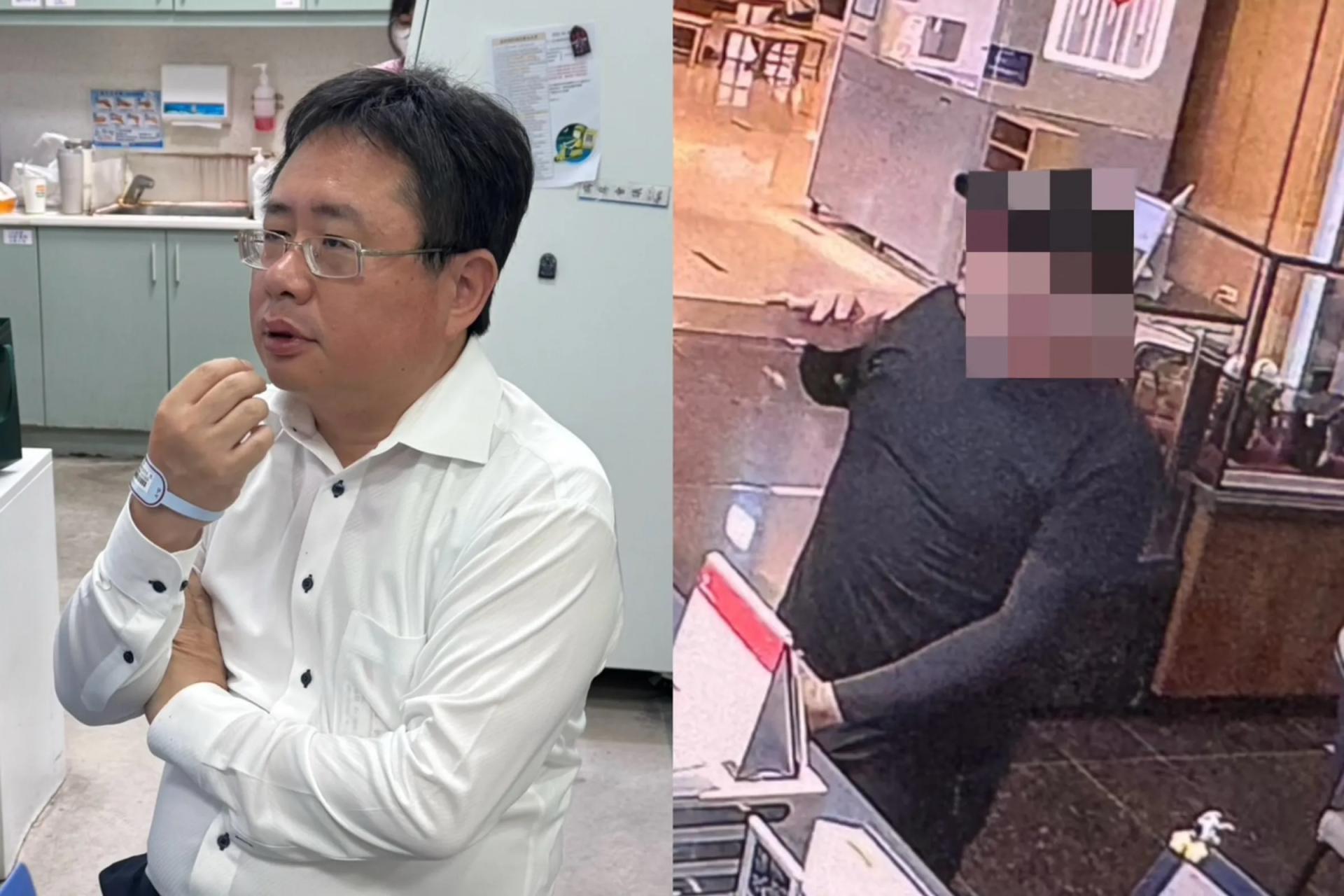 矢板明夫（左）受伤送医。右为涉嫌攻击的黑衣人。
