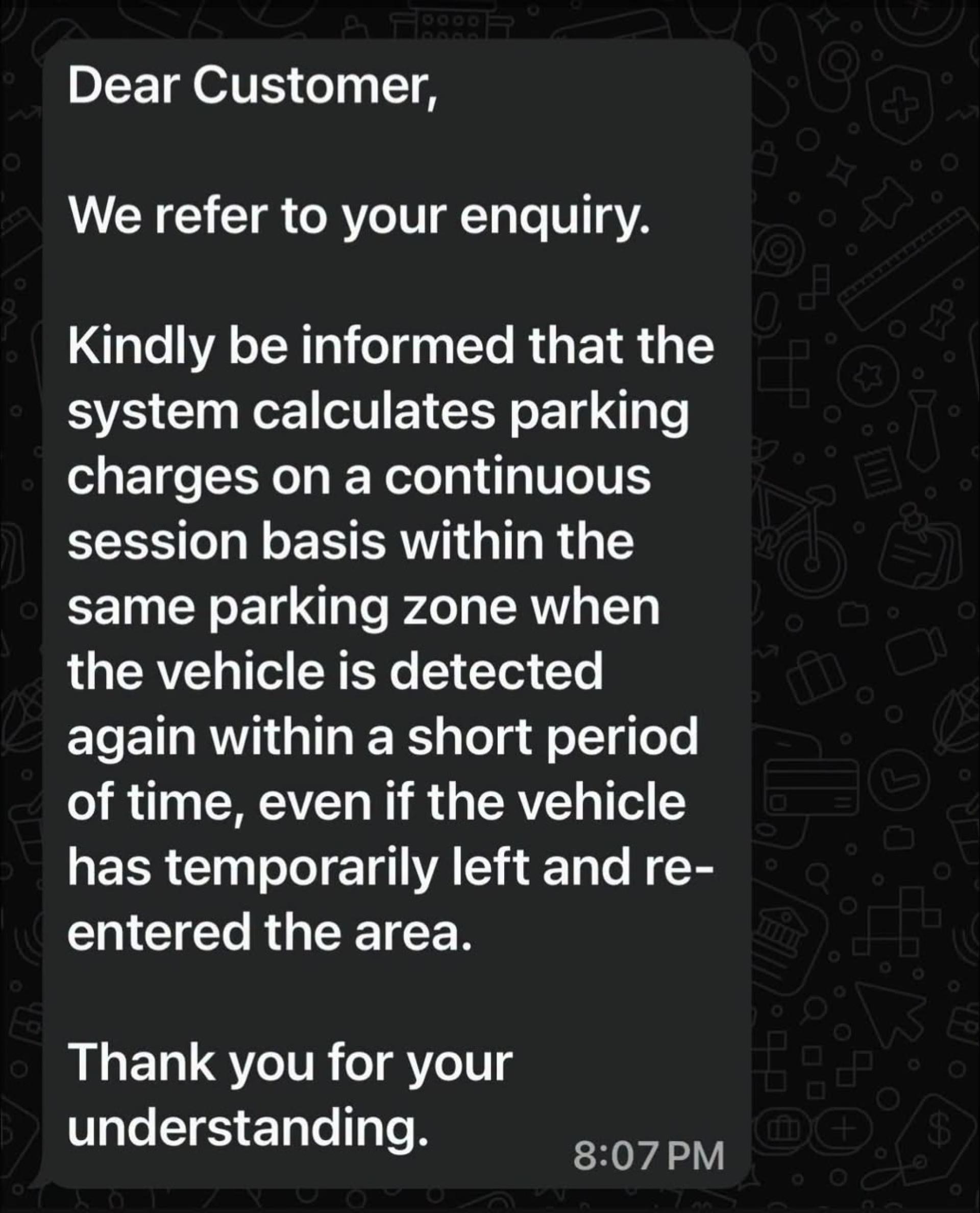 Pay & Go 泊车收费系统回应客户的提问。