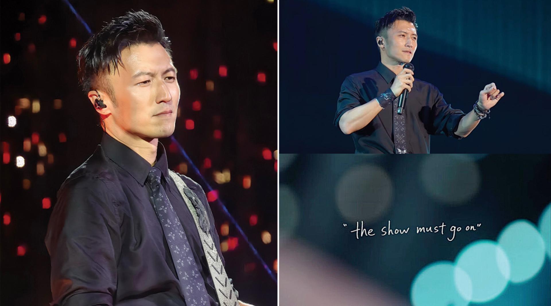 （左）谢霆锋丧父后开唱难掩悲伤。（右）谢霆锋凌晨更新IG，影片最后引用谢贤常说的话。