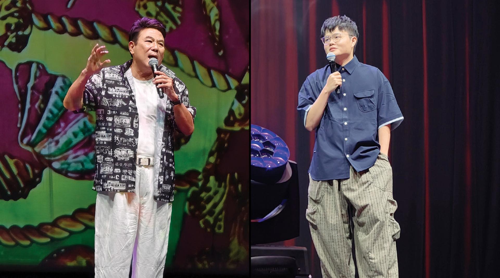 （左）梁志强首次来马举办个人脱口秀《新马大作战：敢敢比一比》，近3小时演出中分享新马两地文化差异、生活趣事，并献唱多首经典歌曲。（右）卢卡斯在个人脱口秀环节分享与太太备孕期间的趣事，将检查过程及生活经历转化成舞台笑料。