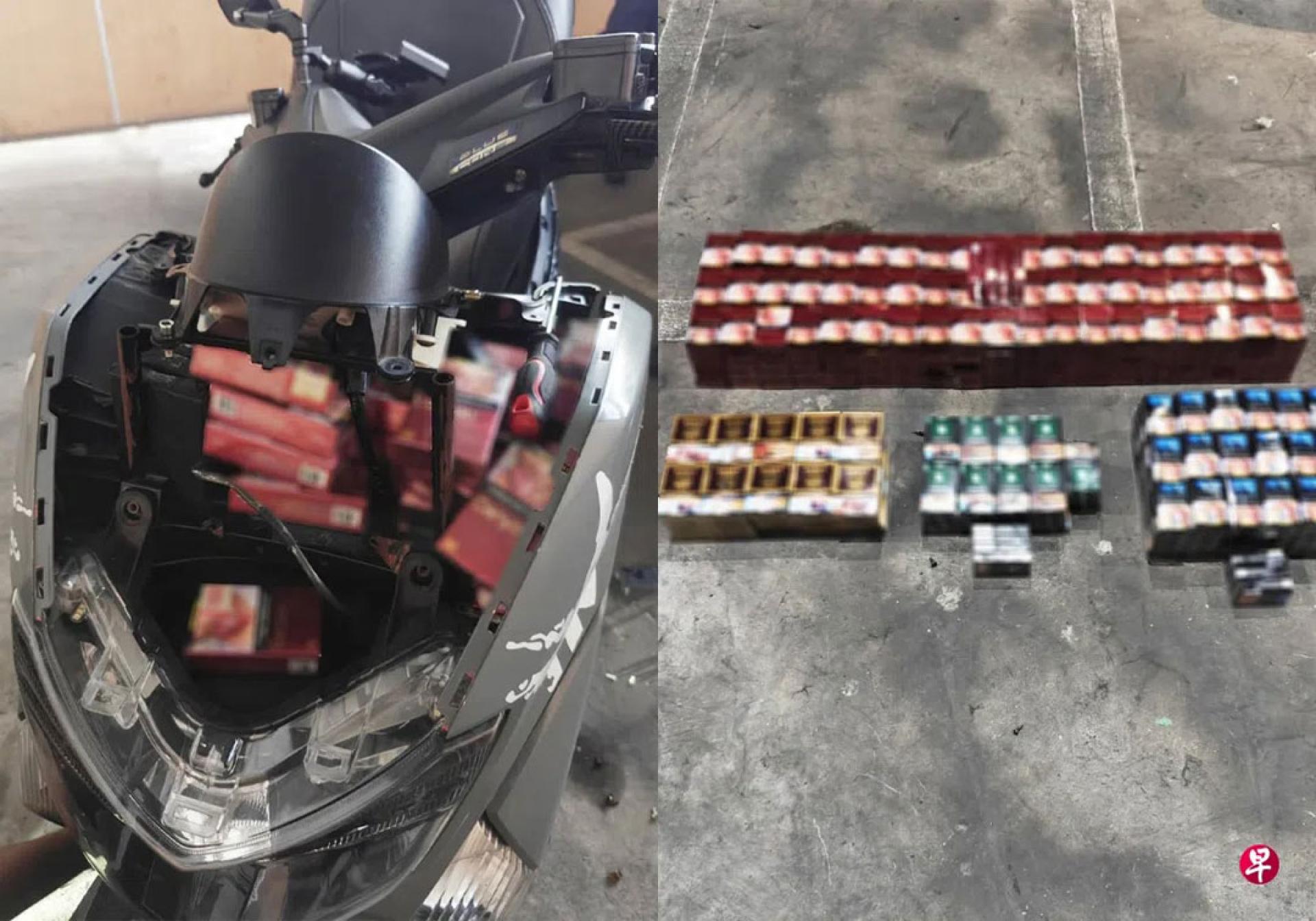 摩托车的多个暗格及隔层藏有400包私烟。（图：新加坡移民与关卡局／联合早报）