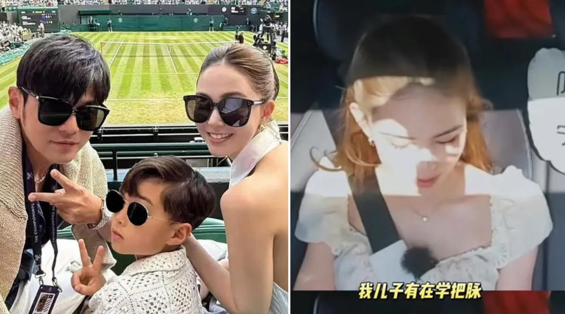 （左）周杰伦昆凌夫妇常带着儿子观赏网球赛事。（右）昆凌在节目中透露，儿子正在学中医把脉。