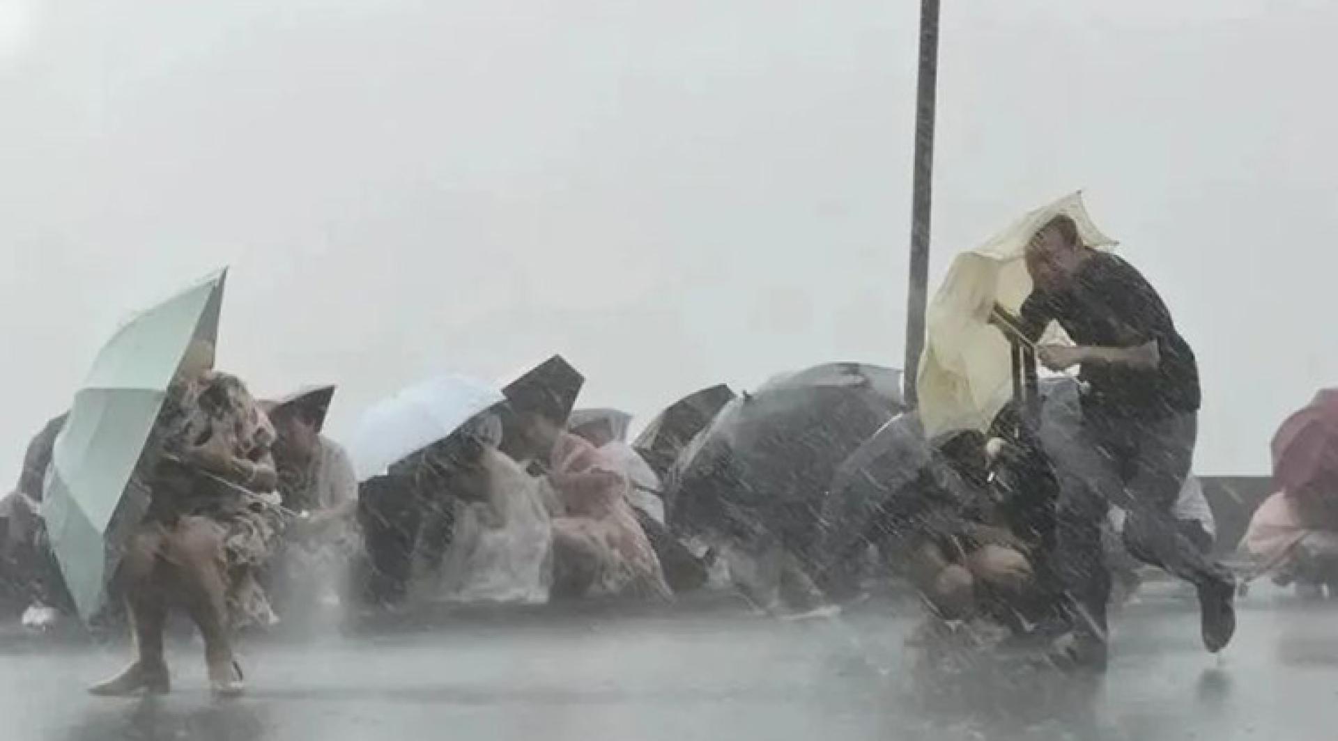 西湖边风大雨急,游客蹲在断桥上避风雨。