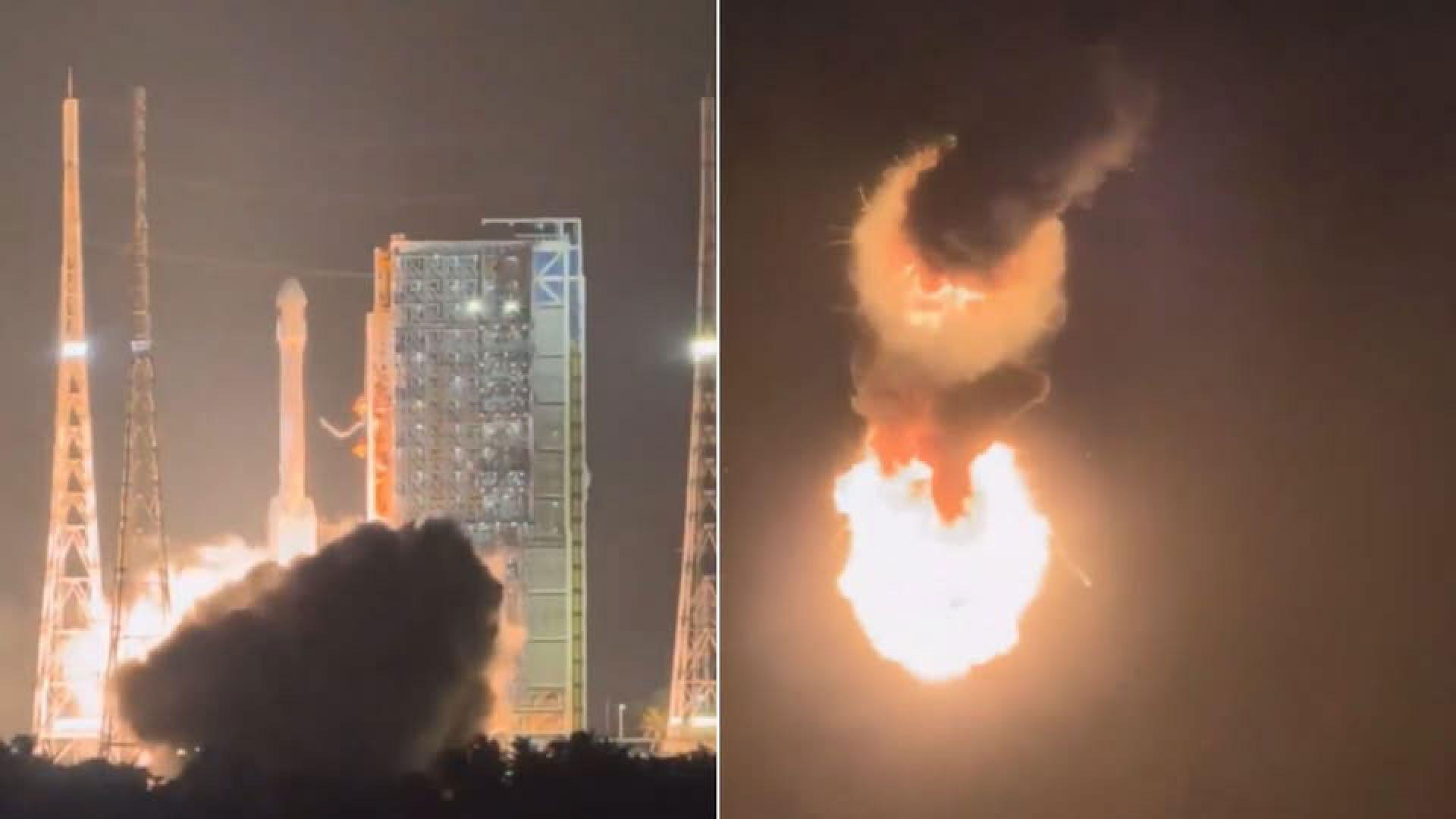 网传视频显示，长征七号改（又称长征七号甲）运载火箭周一晚在海南文昌点火升空后，疑在一级飞行阶段出现异常并发生爆炸。 （微博视频号）