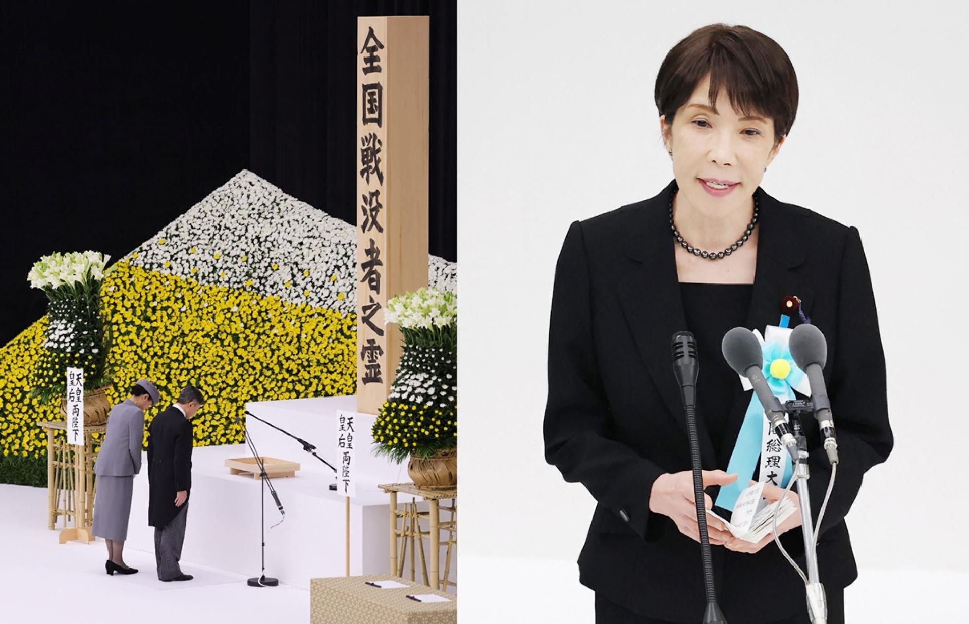 日本天皇德仁与皇后雅子（左图）出席追悼式。高市早苗是首度以首相身分参加这场仪式。
