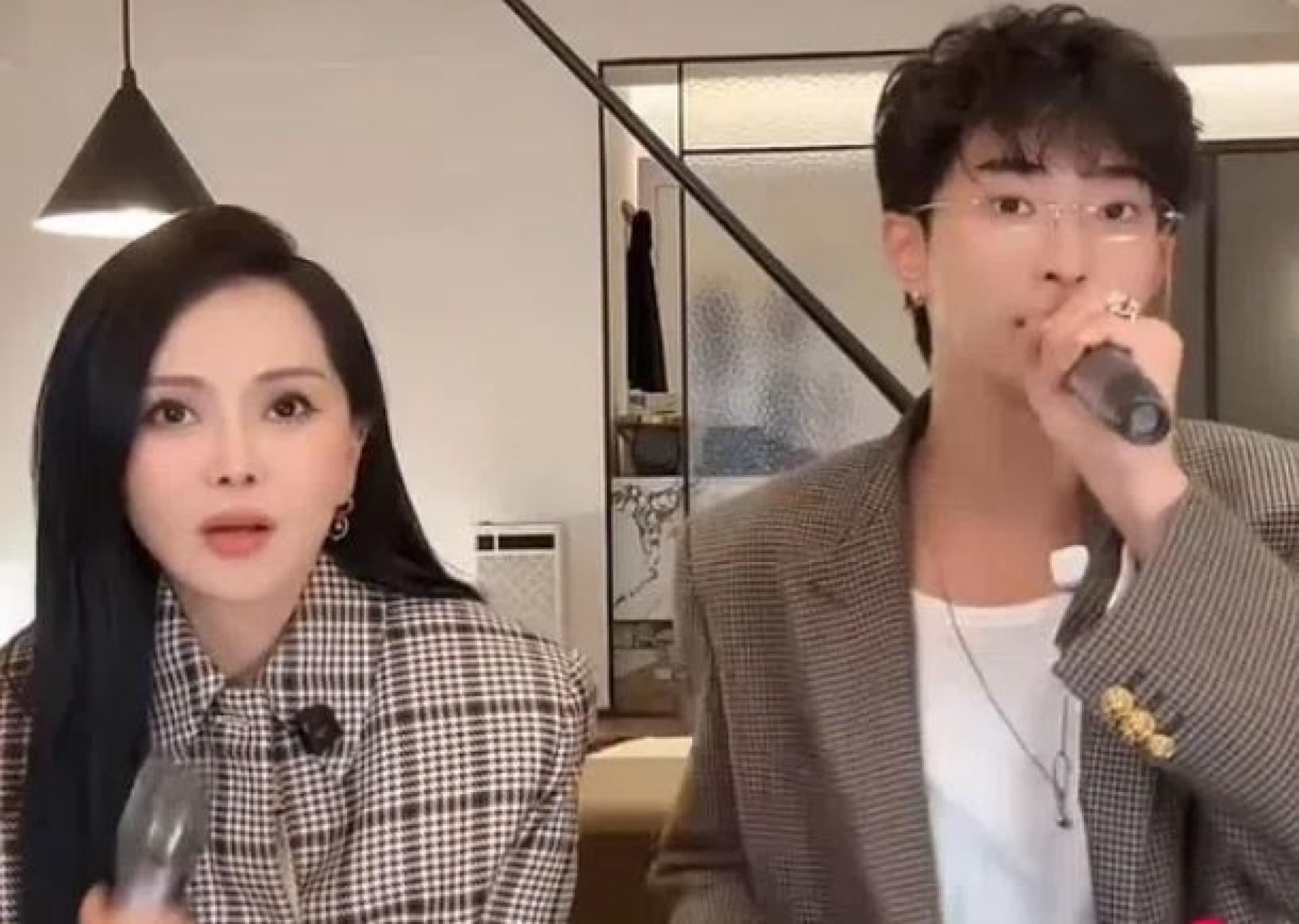 伊能静（左）和儿子庾恩利在直播中提及庾澄庆。 （视频截图）