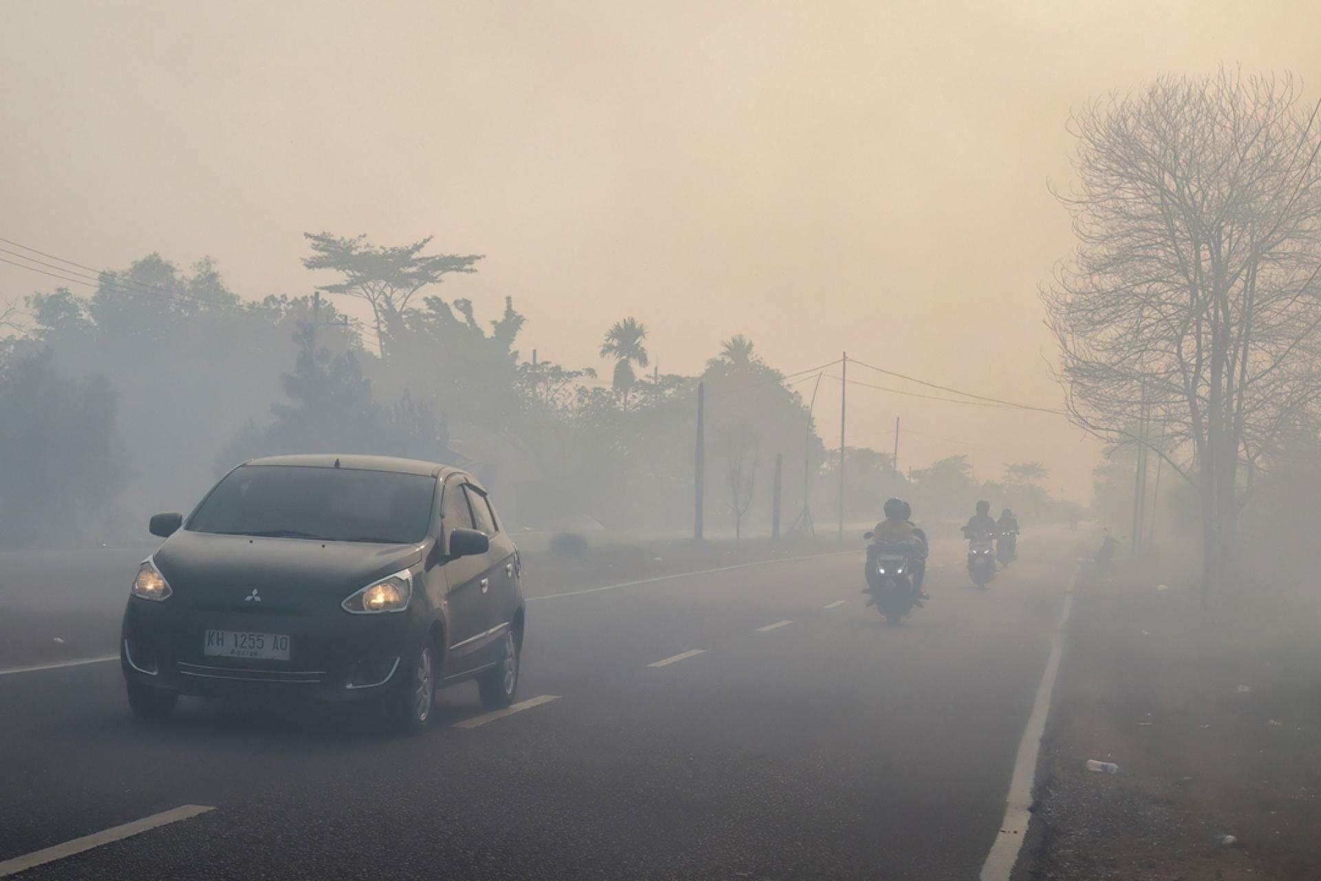在8月20日的中加里曼丹省帕朗卡拉亚市，司机在雾霾笼罩的道路上开启车灯行驶。