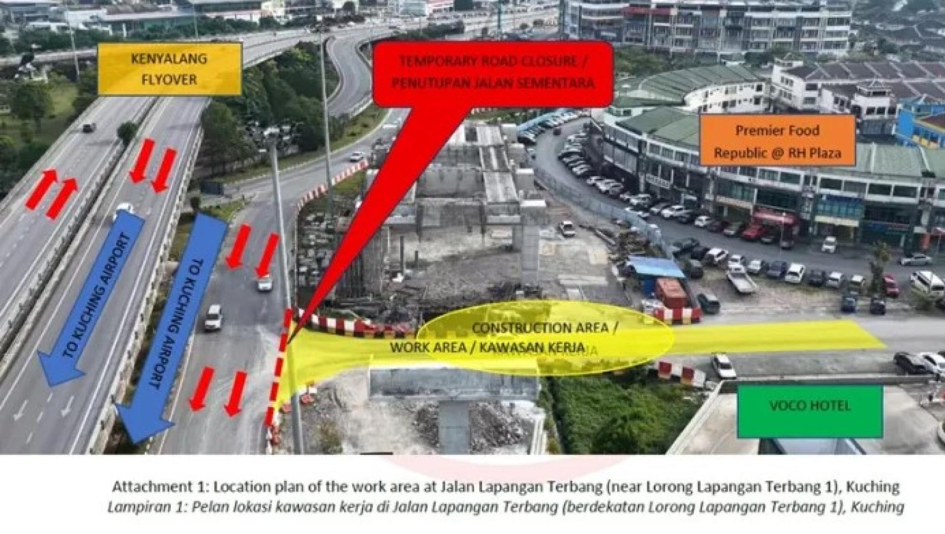 显示受影响路段的地图，机场路通往Lapangan Terbang 1巷的交界处将于8月28日至29日暂时关闭。