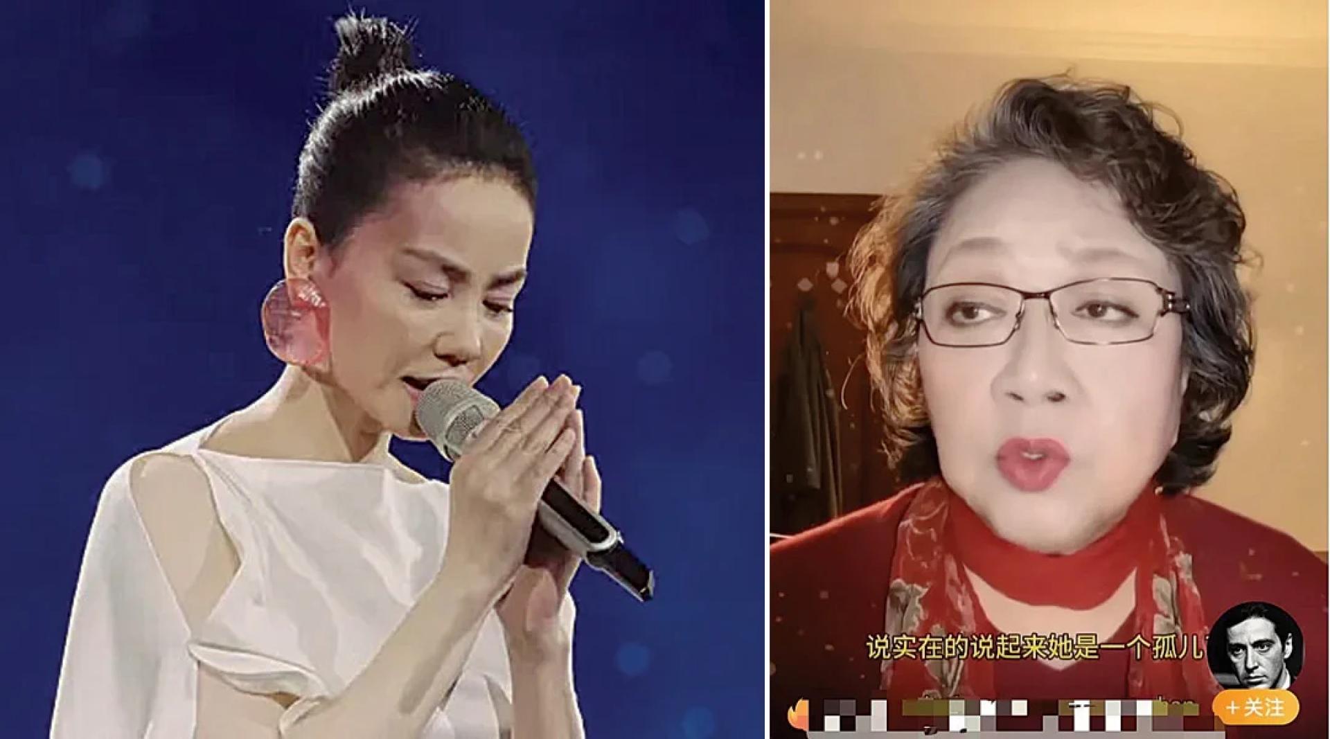 （左）王菲登春晚献唱《世界赠与我的》，尾声泪洒舞台、双手合十，让人为之动容。（右）歌手黑妮录制影片指王菲落泪是思念逝世亲人，意外爆料王菲父母、哥哥相继离世。